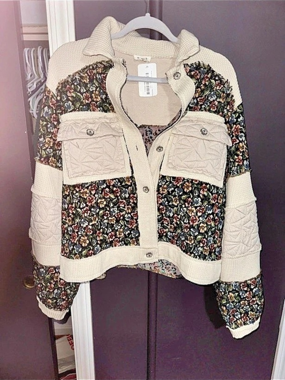 POL Jacquard Patch Button Down Jacket Floral Quilted Jacket in Cream & Black